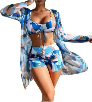 Women Bathing Suit 3 Piece Swimsuit Drawstring Bikini Set Long Sleeve Beach Cover Up Boho Swimwear Set with Boy Shorts