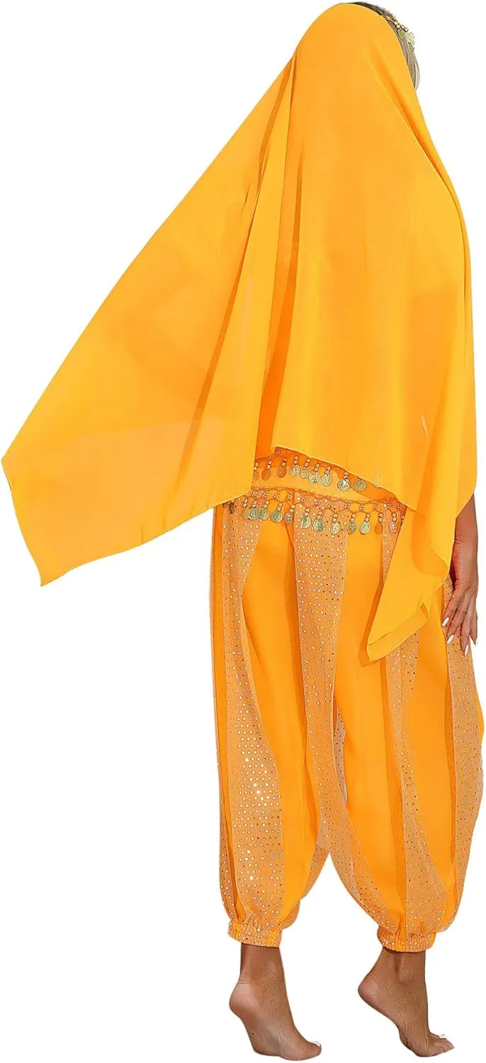 Women Belly Dance Costume Sequin Crop Tops Harem Pants with Head Veil Bollywood Indian Belly Dancewear