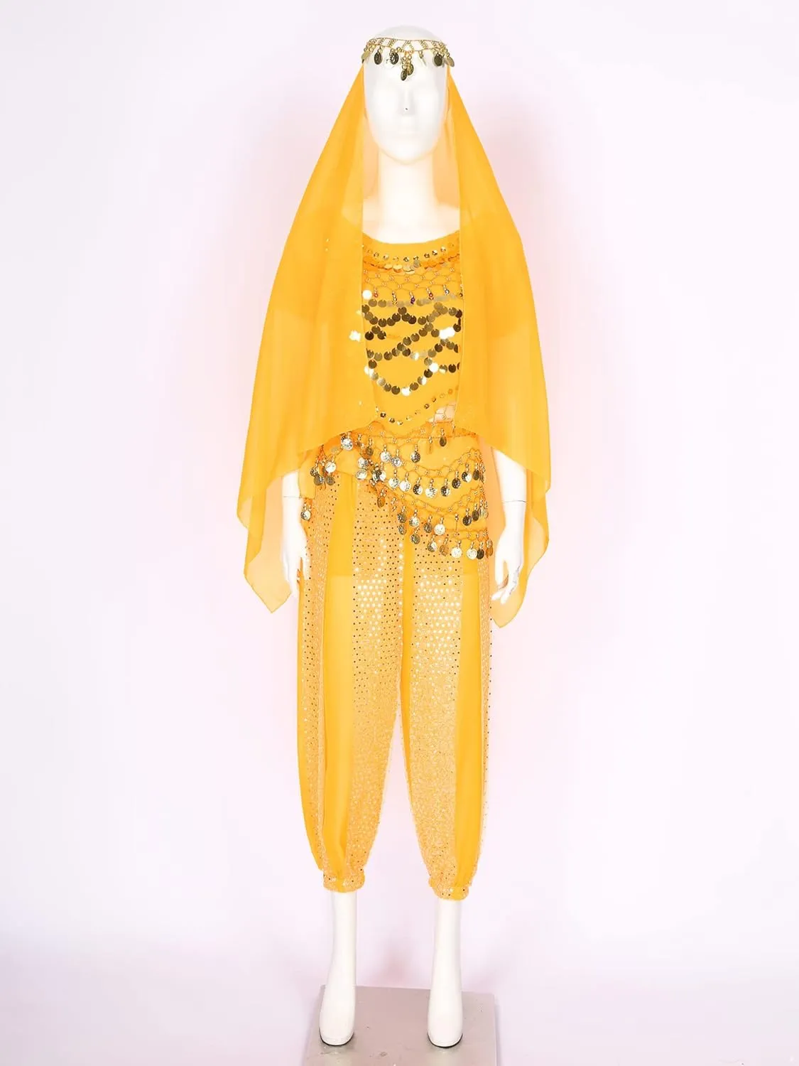 Women Belly Dance Costume Sequin Crop Tops Harem Pants with Head Veil Bollywood Indian Belly Dancewear