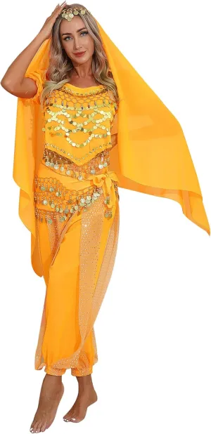 Women Belly Dance Costume Sequin Crop Tops Harem Pants with Head Veil Bollywood Indian Belly Dancewear