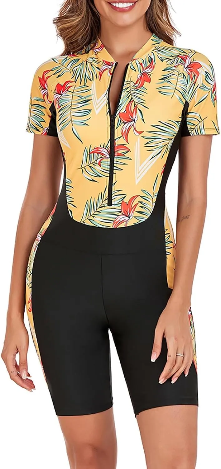 Women Boyleg Racerback One Piece Tummy Control Swimsuit Athletic Full Coverage Swimwear Lap Front Zip Training Swimming