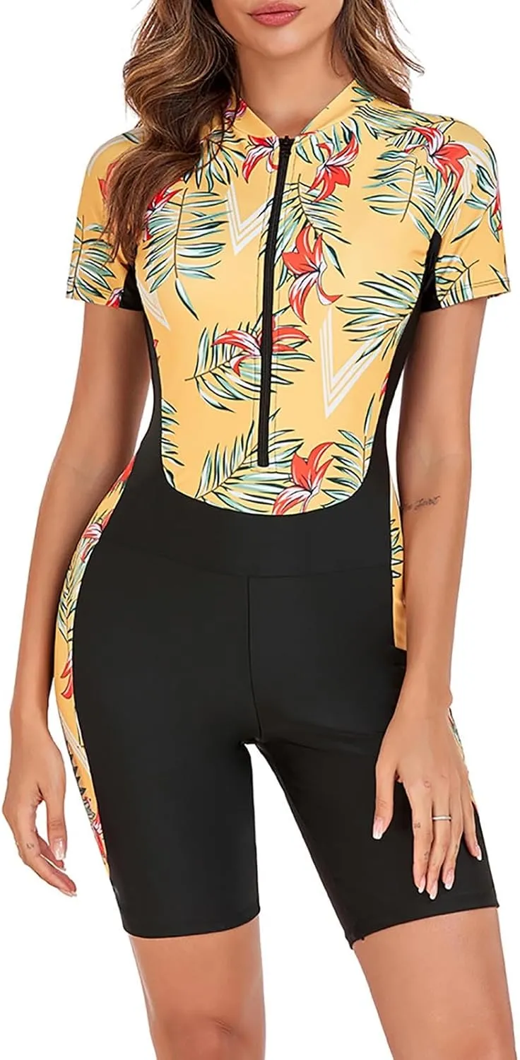 Women Boyleg Racerback One Piece Tummy Control Swimsuit Athletic Full Coverage Swimwear Lap Front Zip Training Swimming