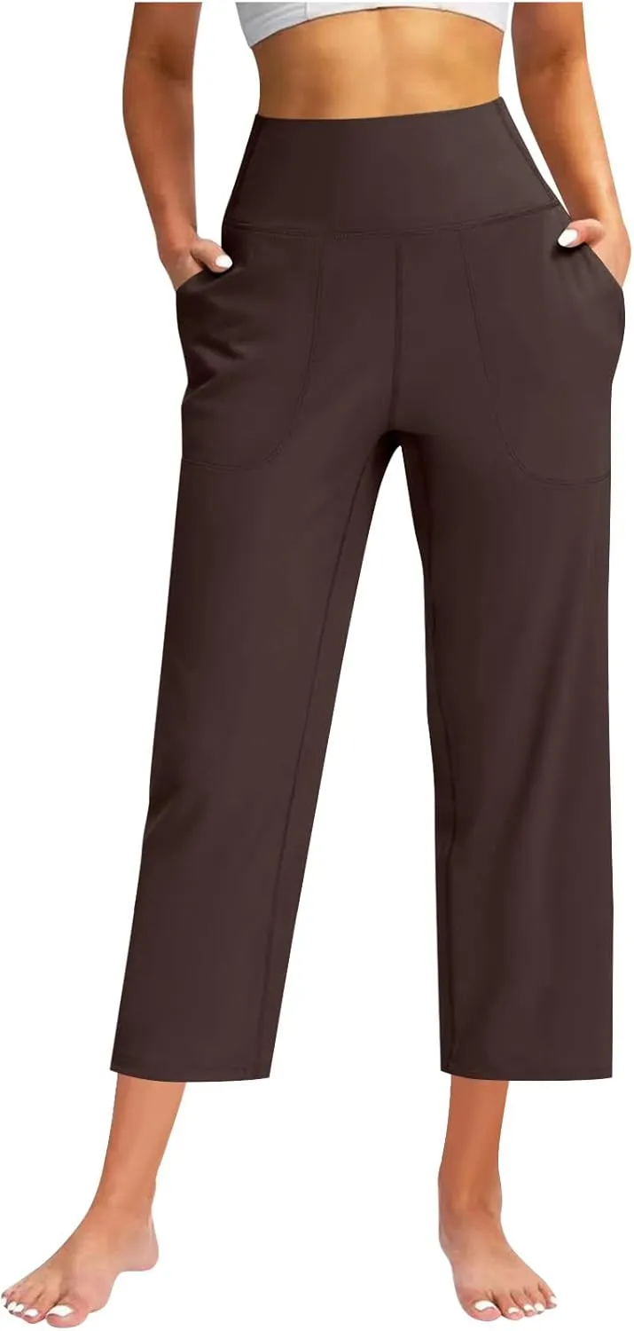 Women Capri Yoga Pants High Waist Wide Leg Lounge Pant with Pockets Tummy Control Stretch Straight Workout Trousers