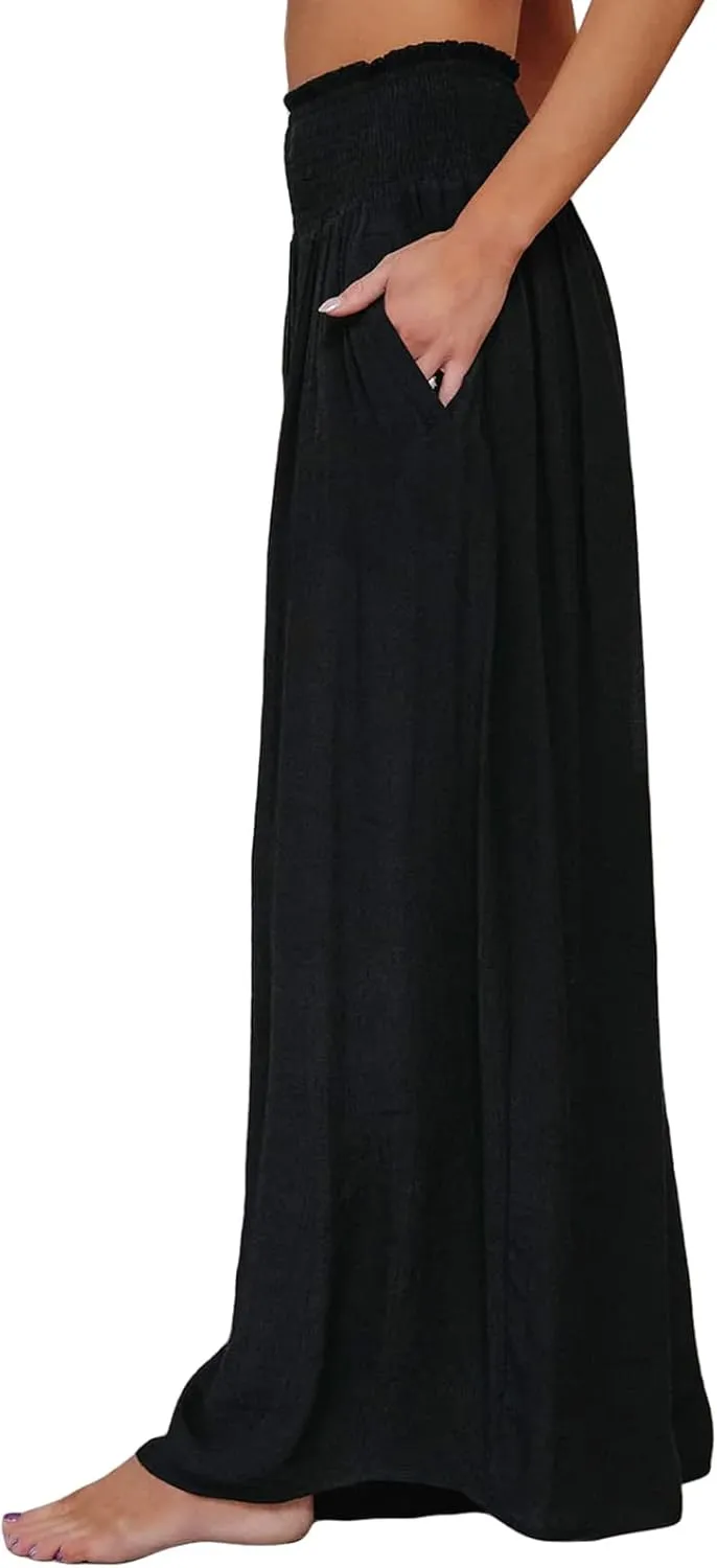 Women Cotton Linen Pants Loose Beach Elastic High Waist Casual Wide Leg Palazzo Yoga Lounge Trousers with Pockets