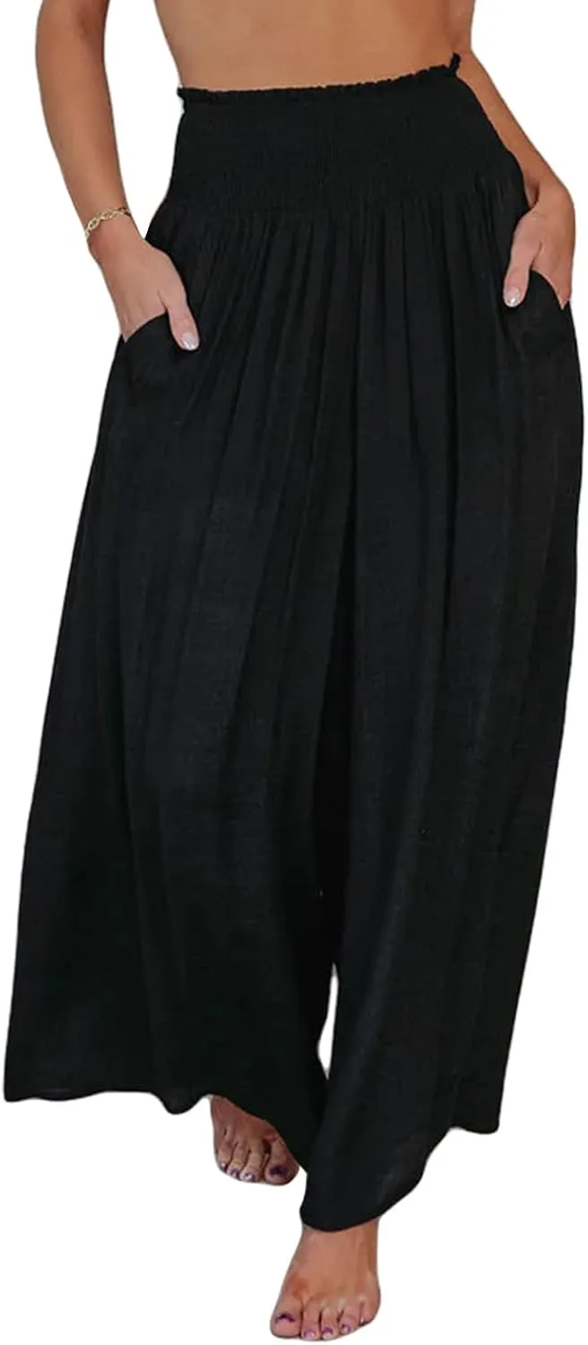 Women Cotton Linen Pants Loose Beach Elastic High Waist Casual Wide Leg Palazzo Yoga Lounge Trousers with Pockets