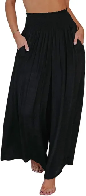 Women Cotton Linen Pants Loose Beach Elastic High Waist Casual Wide Leg Palazzo Yoga Lounge Trousers with Pockets