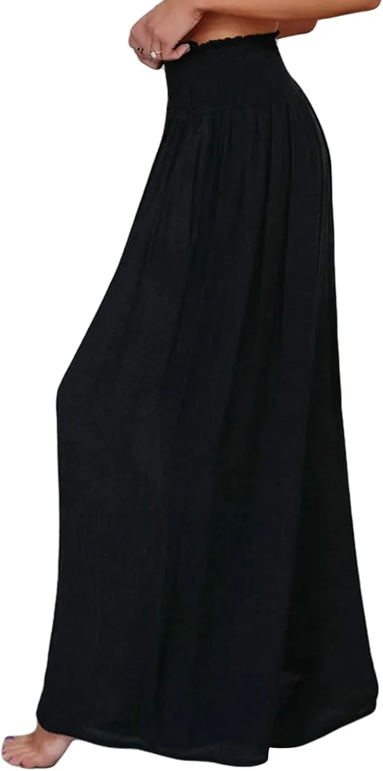 Women Cotton Linen Pants Loose Beach Elastic High Waist Casual Wide Leg Palazzo Yoga Lounge Trousers with Pockets