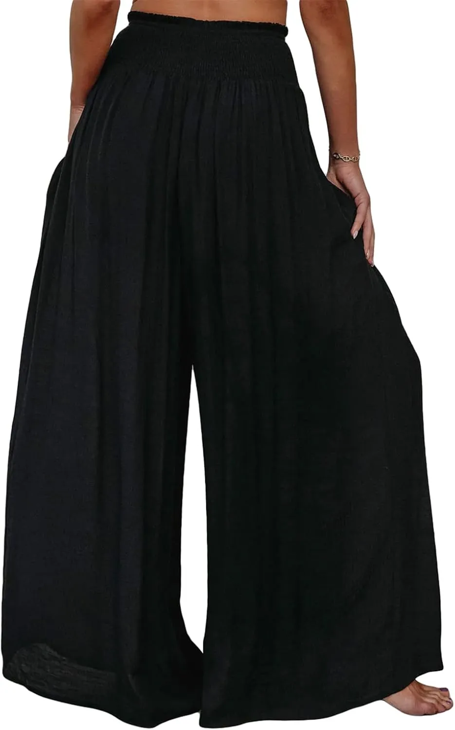 Women Cotton Linen Pants Loose Beach Elastic High Waist Casual Wide Leg Palazzo Yoga Lounge Trousers with Pockets