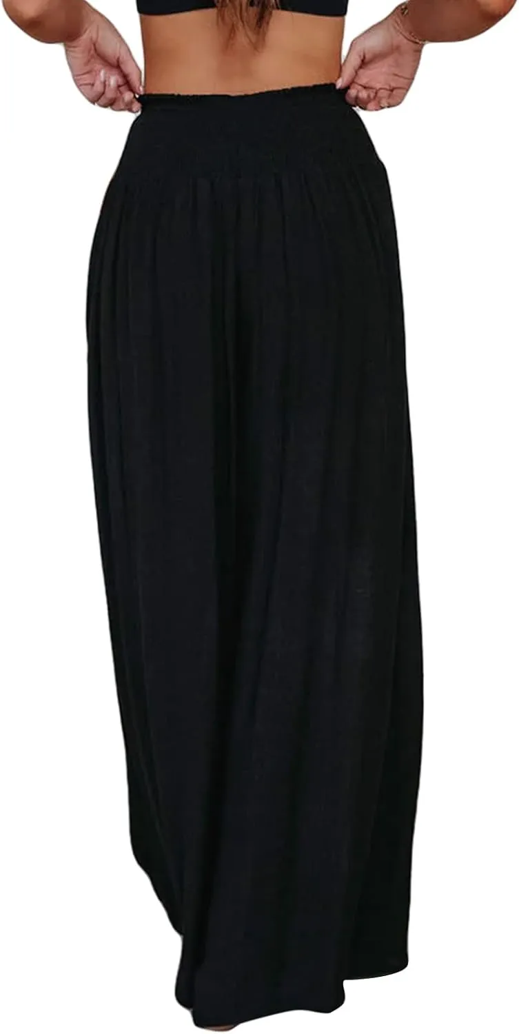 Women Cotton Linen Pants Loose Beach Elastic High Waist Casual Wide Leg Palazzo Yoga Lounge Trousers with Pockets