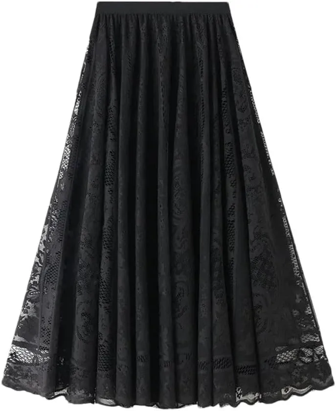 Women Elegant Lace Skirt Solid Color Loose All-Matching Casual A-Line Skirts Hollow-Out Midi Pleated Skirts