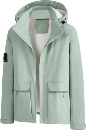Women Fleece Lined Rain Jackets With Hood Waterproof Lightweight Rain Coats Plus Size Outdoor Trench Outerwear Parka