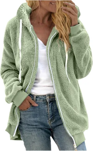 Women Fuzzy Hoodie Zip Up Fleece Jacket Long Sleeve Colorblock Sweatshirt Oversized Fluffy Coat Fall Winter Outerwear