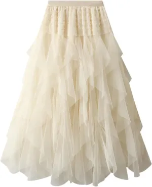 Women High ElasticFairy Tulle Skirt Irregular Hem Pleated Tutu A-Line Midi Skirts