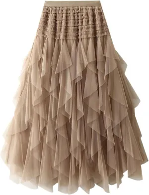 Women High ElasticFairy Tulle Skirt Irregular Hem Pleated Tutu A-Line Midi Skirts