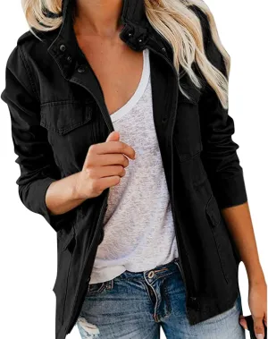 Women Jackets Zip Up Snap Buttons Utility Coats Oversize Long Sleeve Loose Fashion WInter Field Jackets Pockets