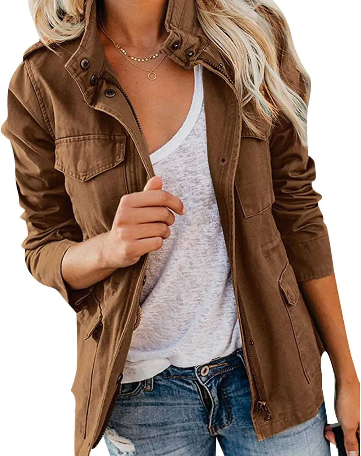 Women Jackets Zip Up Snap Buttons Utility Coats Oversize Long Sleeve Loose Fashion WInter Field Jackets Pockets