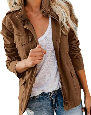 Women Jackets Zip Up Snap Buttons Utility Coats Oversize Long Sleeve Loose Fashion WInter Field Jackets Pockets