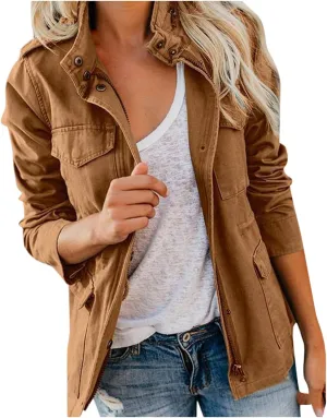 Women Jackets Zip Up Snap Buttons Utility Coats Oversize Long Sleeve Loose Fashion WInter Field Jackets Pockets
