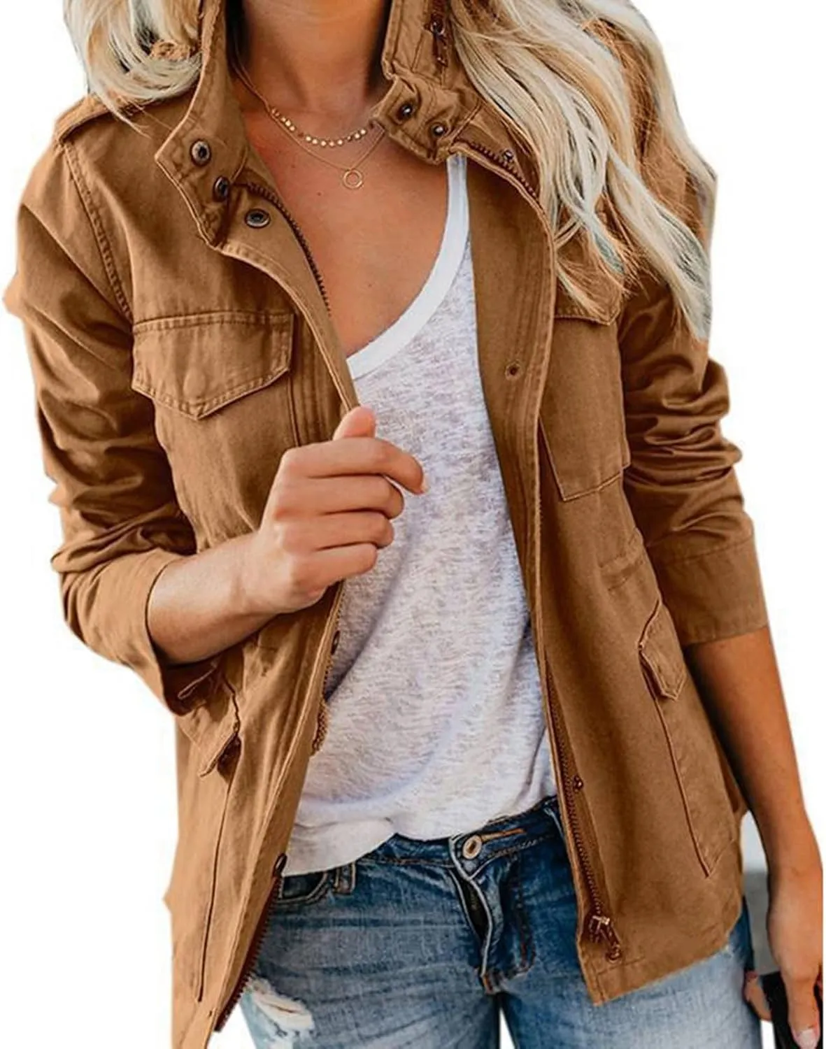 Women Jackets Zip Up Snap Buttons Utility Coats Oversize Long Sleeve Loose Fashion WInter Field Jackets Pockets