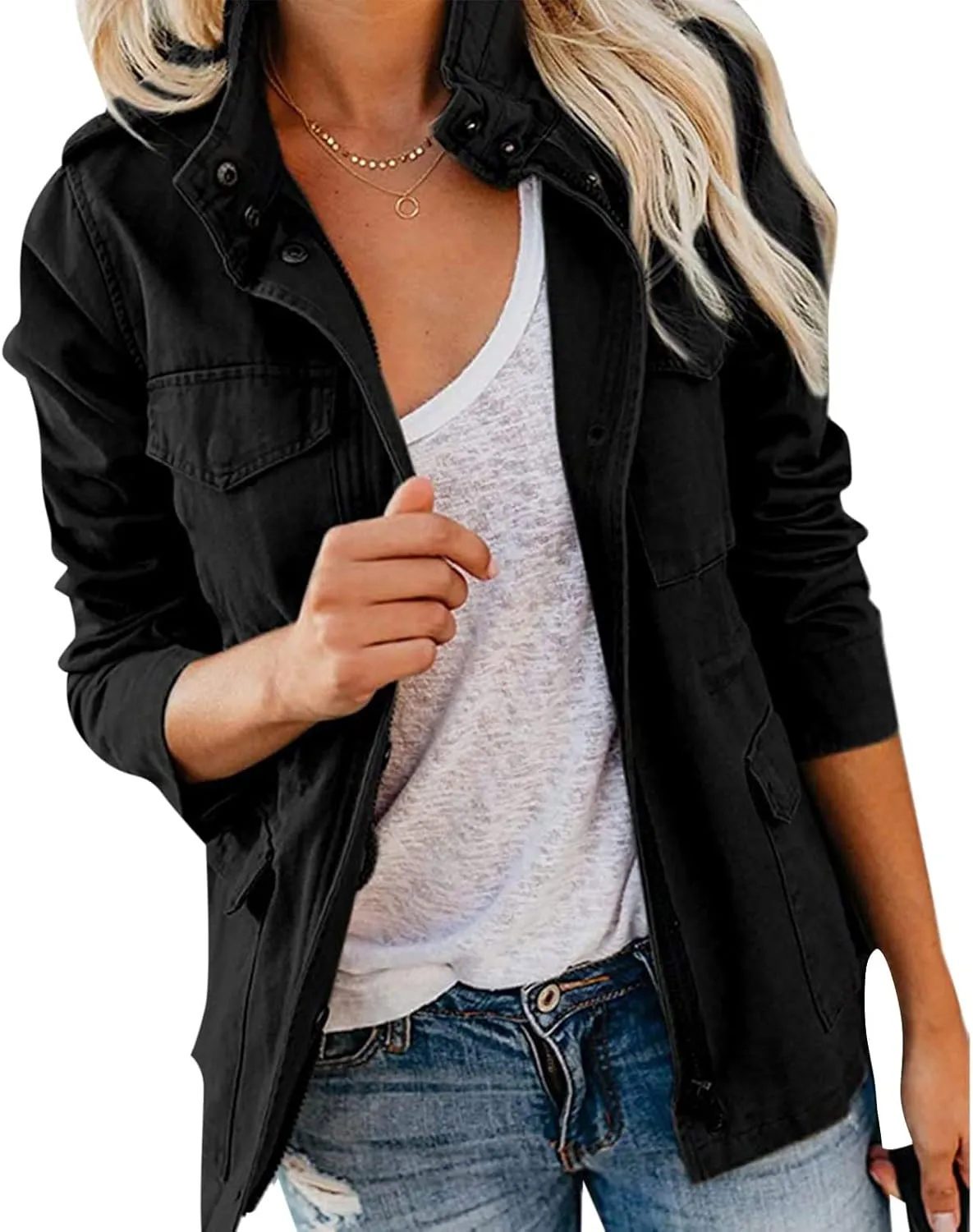 Women Jackets Zip Up Snap Buttons Utility Coats Oversize Long Sleeve Loose Fashion WInter Field Jackets Pockets
