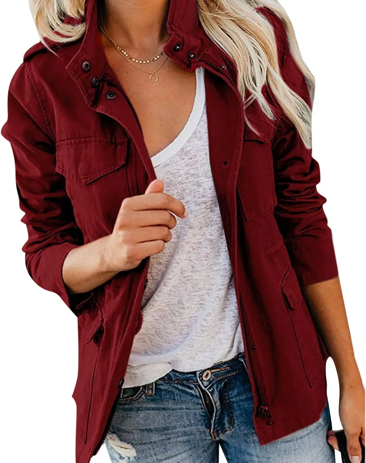 Women Jackets Zip Up Snap Buttons Utility Coats Oversize Long Sleeve Loose Fashion WInter Field Jackets Pockets