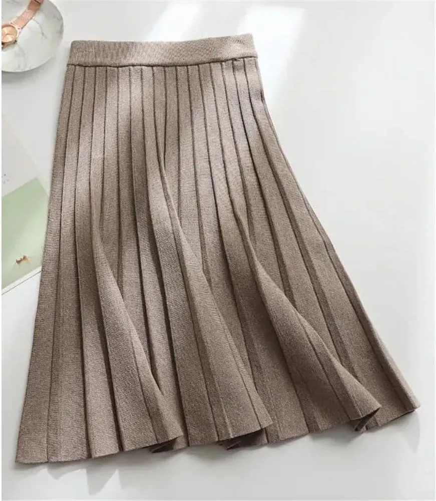 Women Knitted Midi Skirt Spring Autumn Elegant A-Line High Waist Pleated Long Skirt