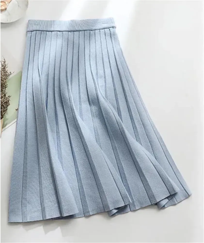 Women Knitted Midi Skirt Spring Autumn Elegant A-Line High Waist Pleated Long Skirt