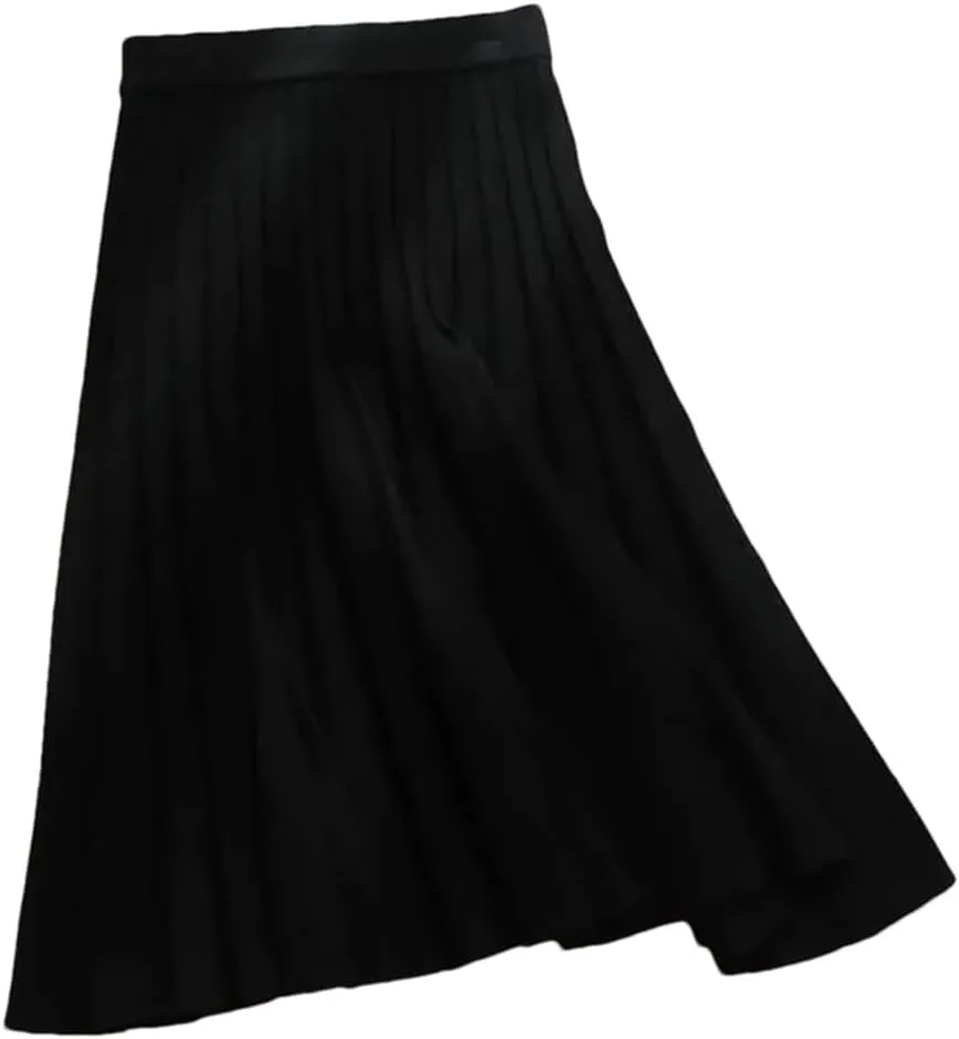 Women Knitted Midi Skirt Spring Autumn Elegant A-Line High Waist Pleated Long Skirt