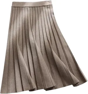 Women Knitted Midi Skirt Spring Autumn Elegant A-Line High Waist Pleated Long Skirt