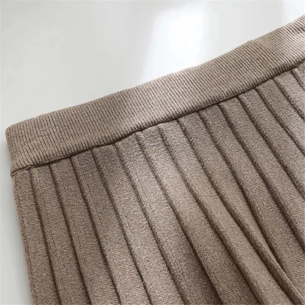 Women Knitted Midi Skirt Spring Autumn Elegant A-Line High Waist Pleated Long Skirt