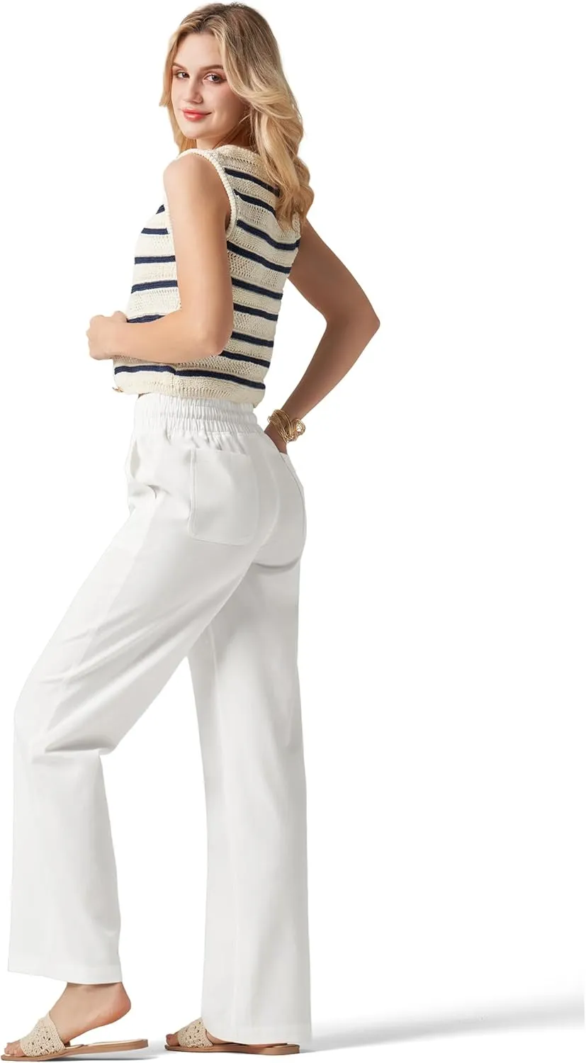 Women Linen Pants Wide Leg Palazzo Pants Cotton Linen Drawstring Summer Pants with Pockets 29"/31"/ 33"