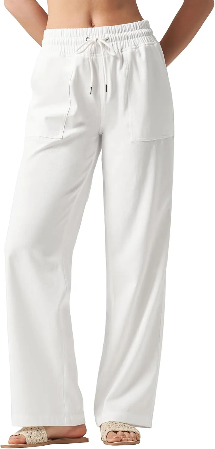 Women Linen Pants Wide Leg Palazzo Pants Cotton Linen Drawstring Summer Pants with Pockets 29"/31"/ 33"