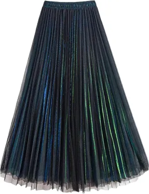 Women Mesh Layered Pleated A-Line Skirt Midi Skirt Elascity High Waist Party Skirt for Prom Ball Gown