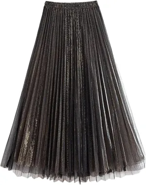 Women Mesh Layered Pleated A-Line Skirt Midi Skirt Elascity High Waist Party Skirt for Prom Ball Gown