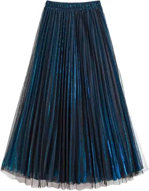 Women Mesh Layered Pleated A-Line Skirt Midi Skirt Elascity High Waist Party Skirt for Prom Ball Gown