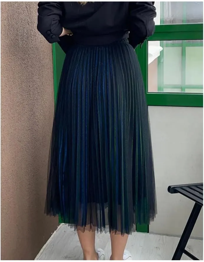 Women Mesh Layered Pleated A-Line Skirt Midi Skirt Elascity High Waist Party Skirt for Prom Ball Gown