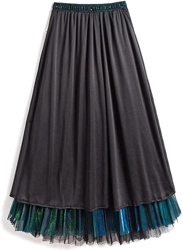 Women Mesh Layered Pleated A-Line Skirt Midi Skirt Elascity High Waist Party Skirt for Prom Ball Gown