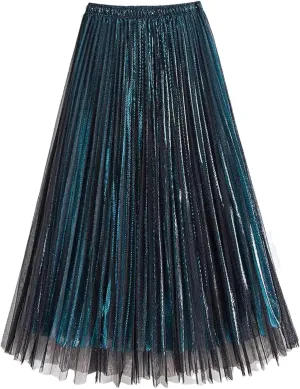 Women Mesh Layered Pleated A-Line Skirt Midi Skirt Elascity High Waist Party Skirt for Prom Ball Gown