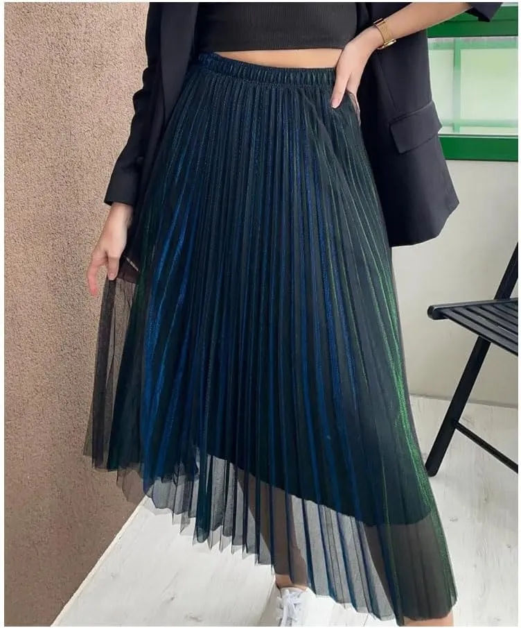 Women Mesh Layered Pleated A-Line Skirt Midi Skirt Elascity High Waist Party Skirt for Prom Ball Gown