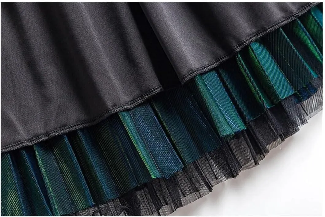 Women Mesh Layered Pleated A-Line Skirt Midi Skirt Elascity High Waist Party Skirt for Prom Ball Gown