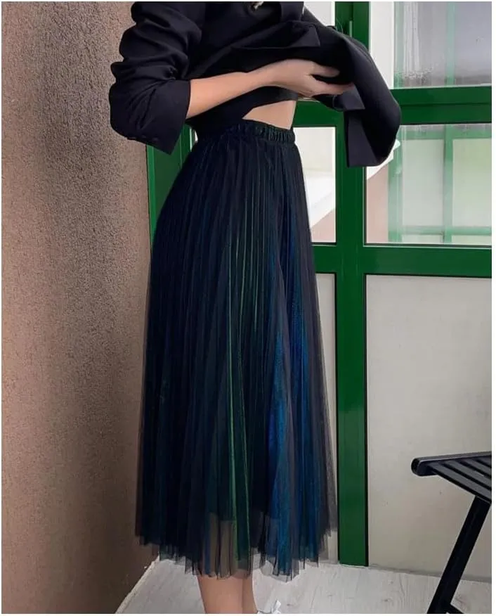 Women Mesh Layered Pleated A-Line Skirt Midi Skirt Elascity High Waist Party Skirt for Prom Ball Gown