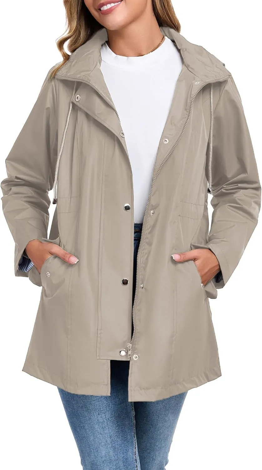 Women Rain Jacket Waterproof Long Hooded Windbreaker Lined Lightweight Outdoor Hiking Raincoat Trench Coats S-XXL