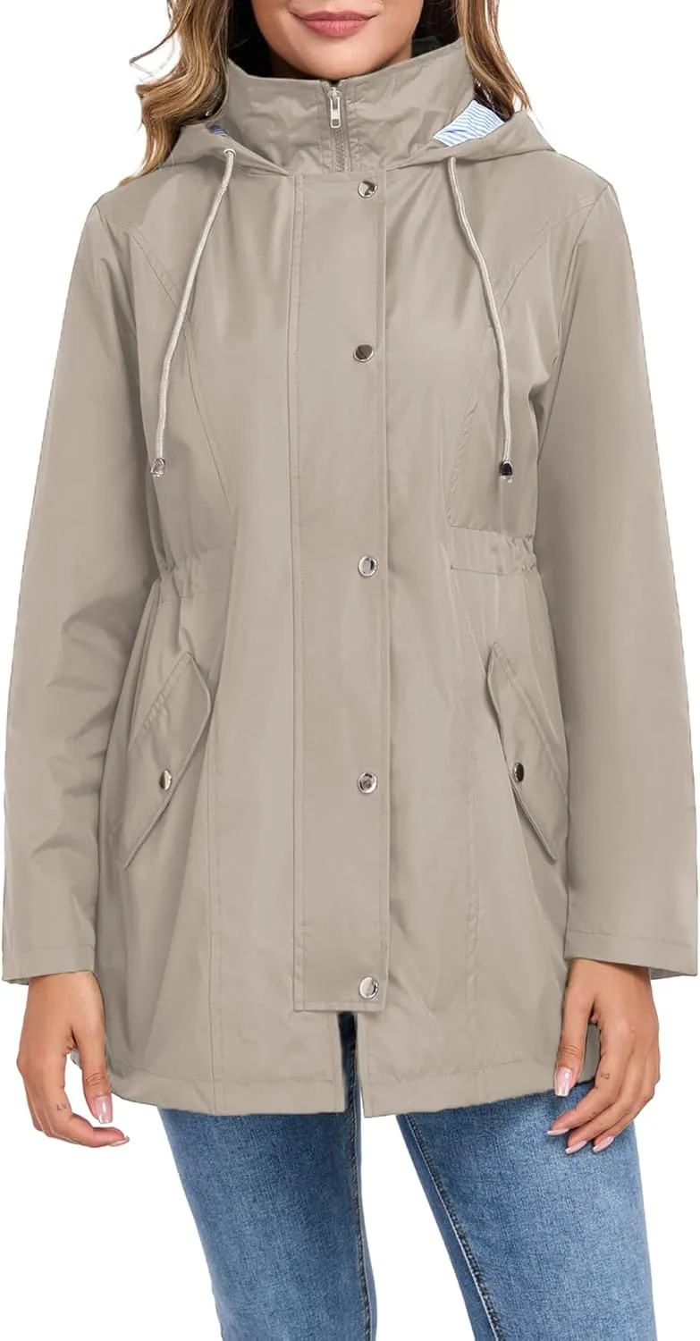 Women Rain Jacket Waterproof Long Hooded Windbreaker Lined Lightweight Outdoor Hiking Raincoat Trench Coats S-XXL