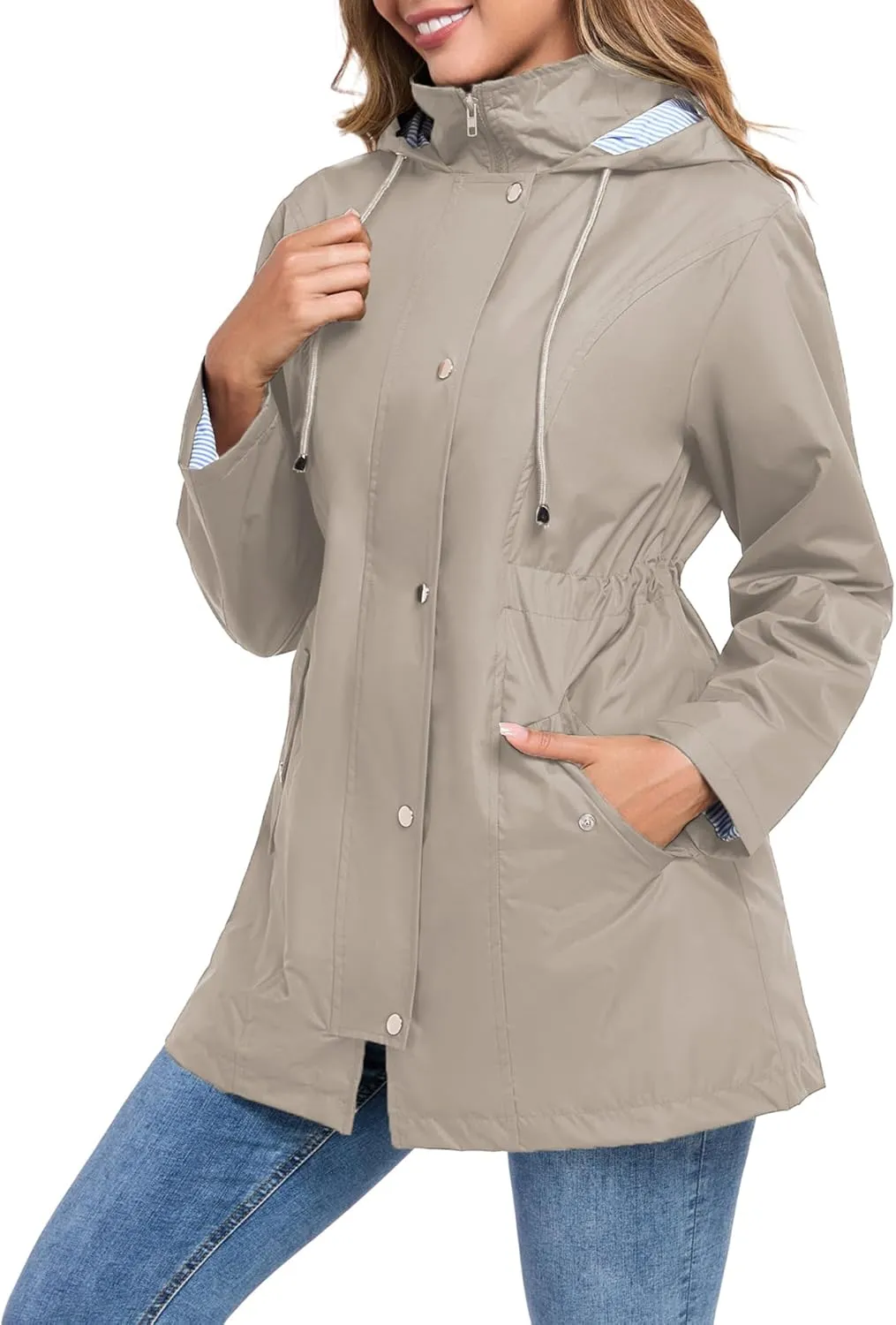 Women Rain Jacket Waterproof Long Hooded Windbreaker Lined Lightweight Outdoor Hiking Raincoat Trench Coats S-XXL