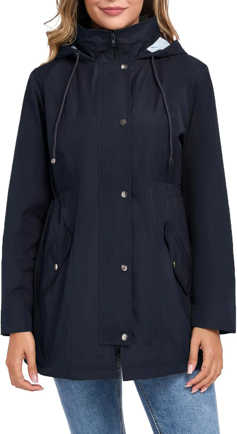 Women Rain Jacket Waterproof Long Hooded Windbreaker Lined Lightweight Outdoor Hiking Raincoat Trench Coats S-XXL
