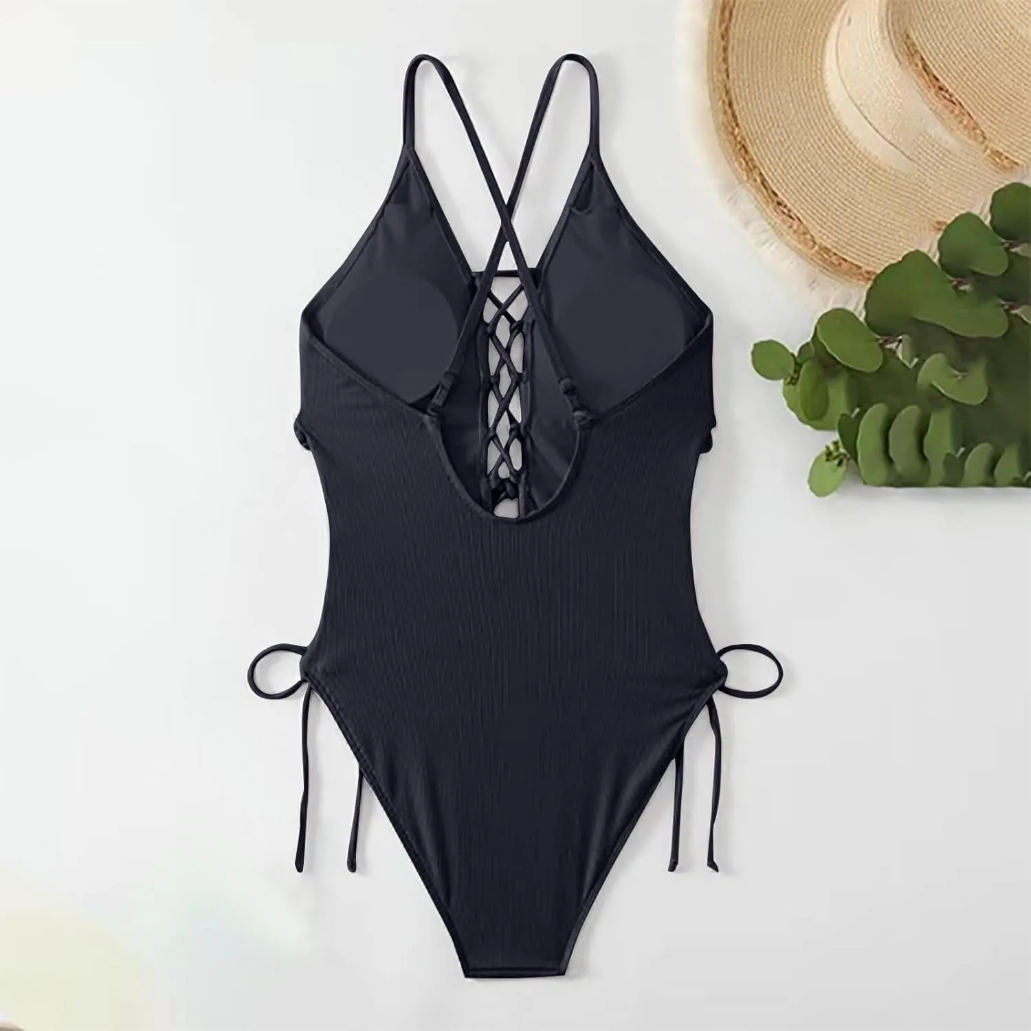 Women Sexy Lace Up One Piece Swimsuit Hollow Out Straps Crisscross Halter Back Bathing Swimwear Summer Beachwear