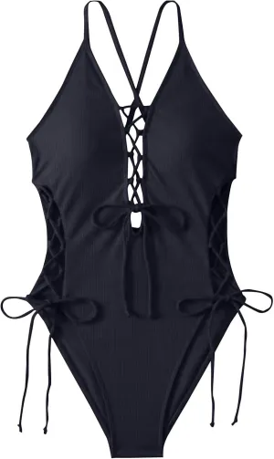 Women Sexy Lace Up One Piece Swimsuit Hollow Out Straps Crisscross Halter Back Bathing Swimwear Summer Beachwear