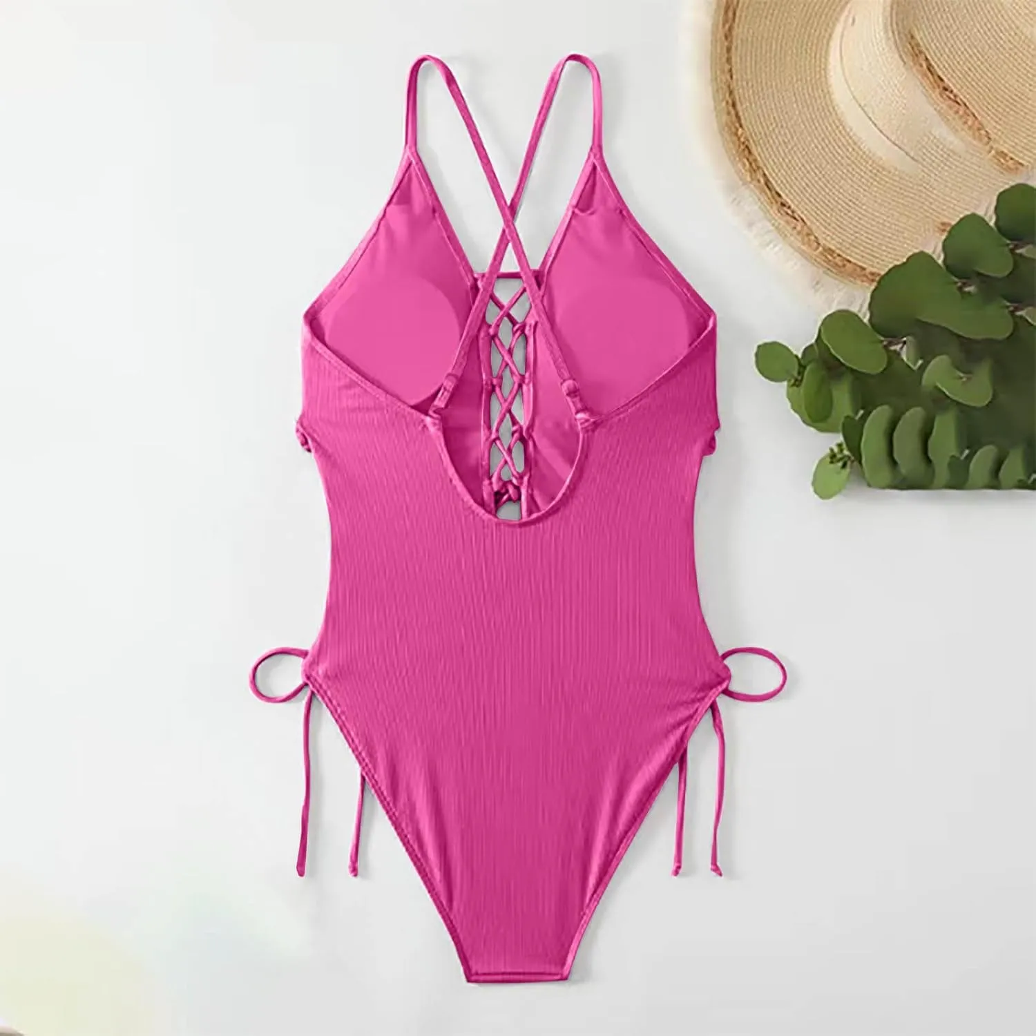 Women Sexy Lace Up One Piece Swimsuit Hollow Out Straps Crisscross Halter Back Bathing Swimwear Summer Beachwear