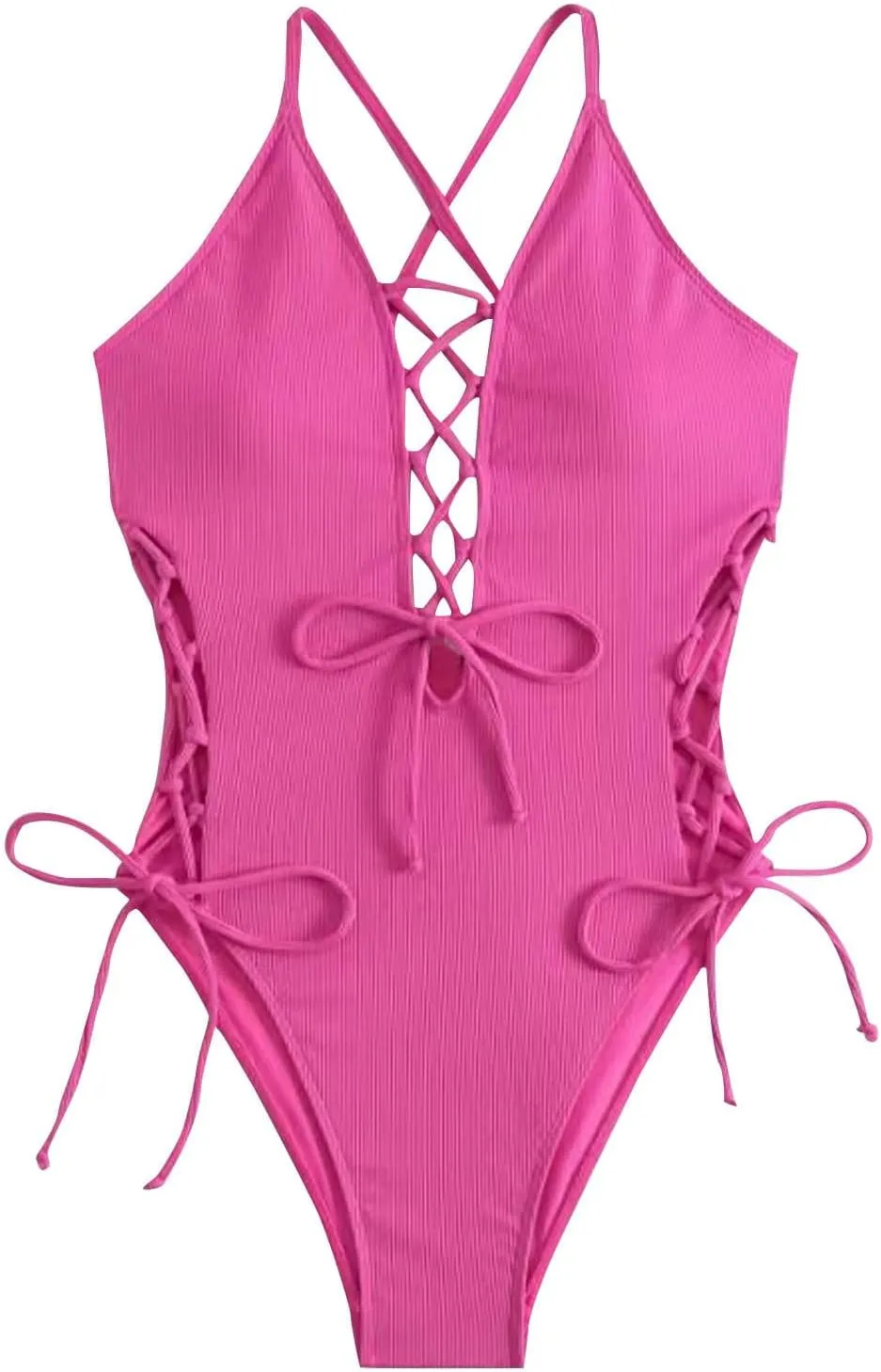 Women Sexy Lace Up One Piece Swimsuit Hollow Out Straps Crisscross Halter Back Bathing Swimwear Summer Beachwear