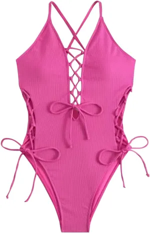 Women Sexy Lace Up One Piece Swimsuit Hollow Out Straps Crisscross Halter Back Bathing Swimwear Summer Beachwear